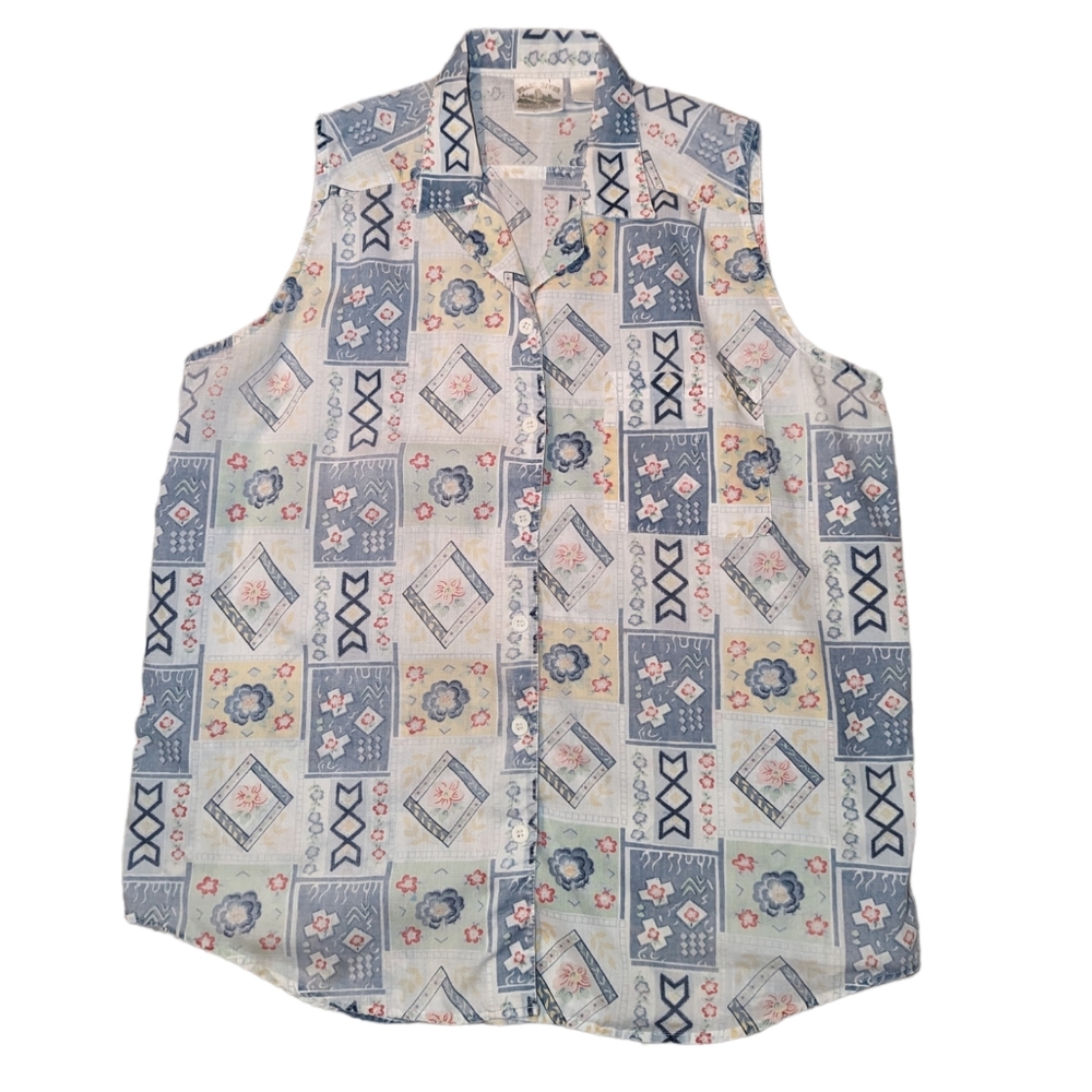 Vintage Pearl River Floral Muted Button Down Sleeveless Collared Grandma Top